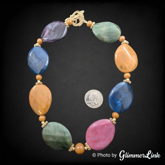 Multicolor Chunky Acrylic Pebble Bead Gold Tone Dragonfly Toggle Clasp Necklace - Picture 5 of 8